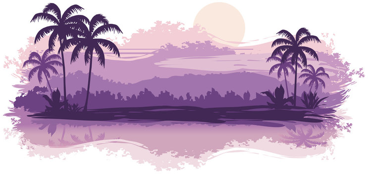Tropical landscape in lilac tones