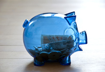 Blue piggy bank with danish currency