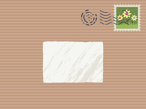 brown paper parcel with stamp, post mark and label for text