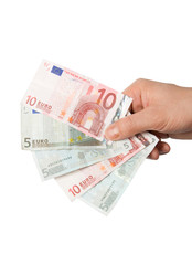 Hand with money isolated on white background