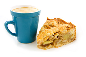 Coffee and apple pie isolated on white background