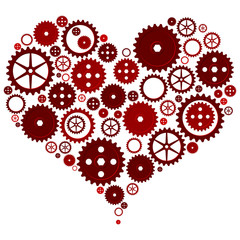 Heart made with different cogwheels over white