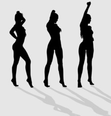 Vector silhouettes of three sexy female on gray background.