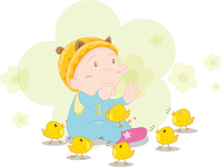 baby with chickens