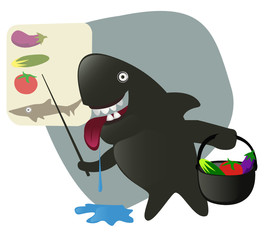 Fototapeta premium Sharky shark collecting ingredients for the lunch.