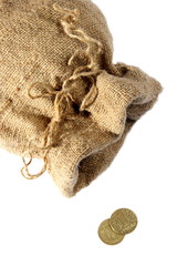 Empty sack, last change, coins on a white background