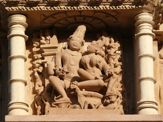 Stone carved erotic sculptures in hindu Khajuraho temple, India