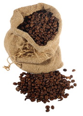Coffee in a sack and spilled on a white background