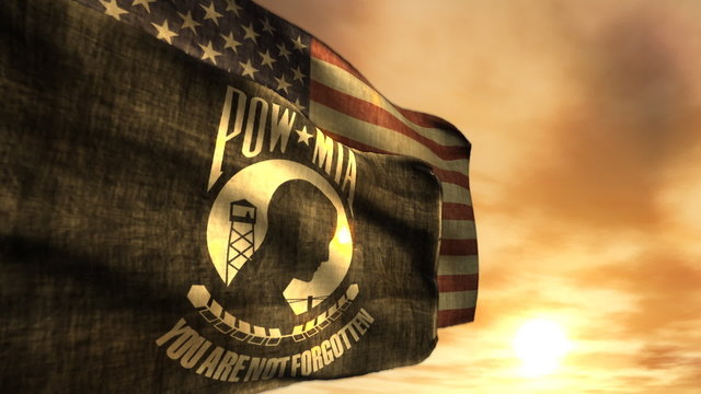 (1097) POW MIA and American Flags with Sunset