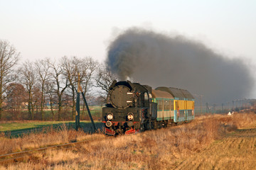 Fototapeta na wymiar Old retro steam train passing the countryside