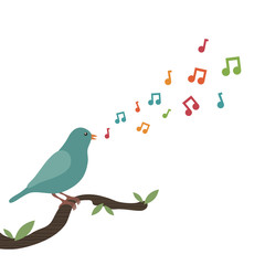 Vector clipart blue song bird on perch with musical notes isolated on white and copy space