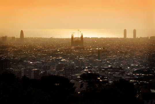cityscape Barcelona at sunrise