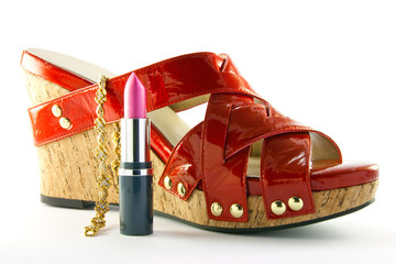 Red Shoe with Lipstick and Bracelet