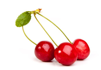 sweet red cherry with leaves isolated on white