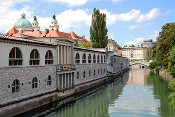 Market arcade and Ljubljanica river Slovenia Ljubljana