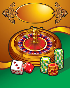 Casino roulette wheel, dice and tokens, golden frame, vector