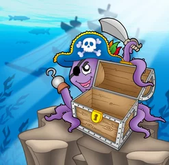 Wall murals Pirates Pirate octopus with chest in sea