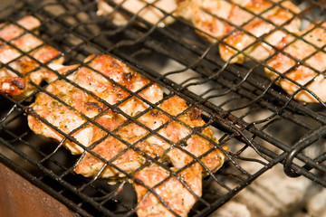 Shish kebab roasting on an open fire