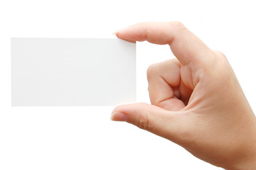 Paper card in woman hand isolated on white background