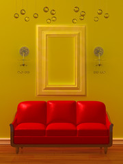 Red couch with empty frame and sconces in  minimalist interior