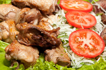 barbecue, shish kebab from chiken and pork