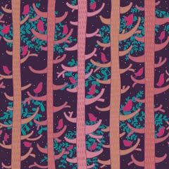No drill light filtering roller blinds Birds in the wood Night forest. cartoon seamless pattern