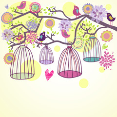 Floral summer composition. Birds out of their cages concept