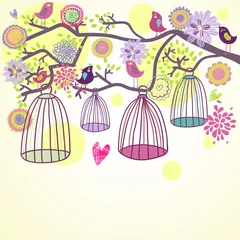 Papier Peint photo Oiseaux en cages Composition florale d& 39 été. Concept d& 39 oiseaux hors de leur cage