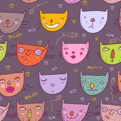 Funny cartoon cats. Colorful seamless pattern