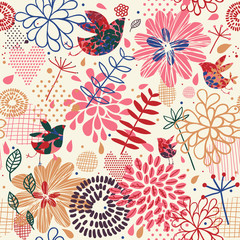 Birds in flowers - abstract seamless pattern