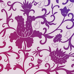 Fototapeta na wymiar Birds in flowers - seamless pattern in purple