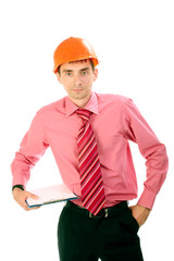 The person in a helmet with a tablet  isolated a background