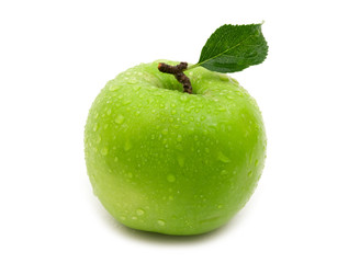 wet green apple on white background