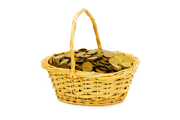 Fototapeta na wymiar Basket full of coins isolated on white