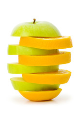 Sliced orange and apple isolated on the white