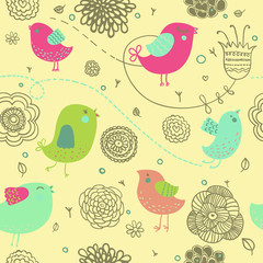 Nice spring background - cartoon birds in flowers