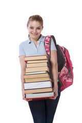 High school schoolgirl student with stack books