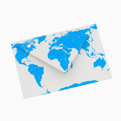 blue letter with map of the world