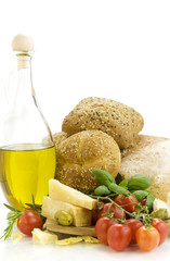 Fresh bread, herbs and vegetables