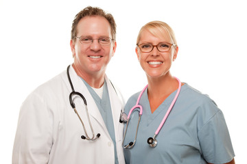 Fototapeta premium Friendly Male and Female Doctors on White