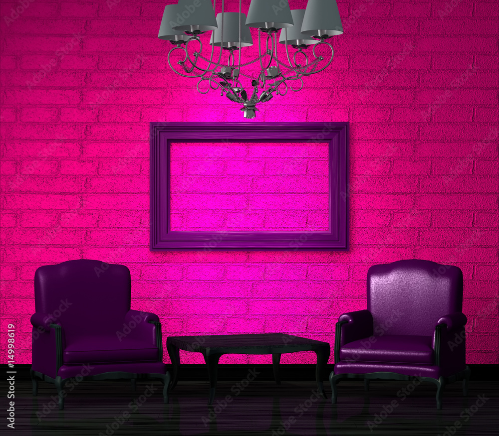 Poster chairs with table and empty frame with chandelier in pink interi