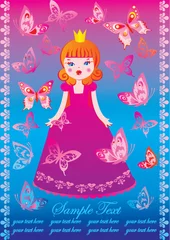 Poster Chateau Belle princesse avec des papillons et un exemple de texte. Conte de fée