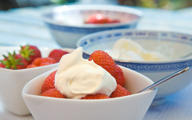 strawberries and cream, set outside