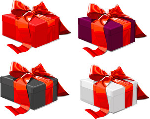 Four different color Gift boxes with  red bow