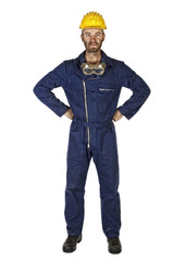 worker in overalls helmet standing isolated white background