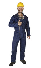 worker in overalls helmet smiling thumbs up isolated white background