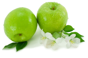 Green apple and white flower.