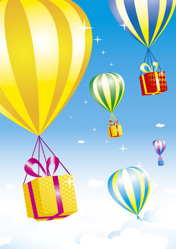 Several colorful hot air balloons carrying bright gift boxes