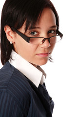 Isolated young caucasian business woman wearing glasses