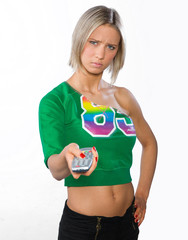 nervous teen girl with remote controler